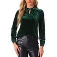 thumbnail image 1 of Blusa elegante casual de terciopelo para mujer con cuello alto y mangas largas en verde oscuro, talla S, 1 of 5