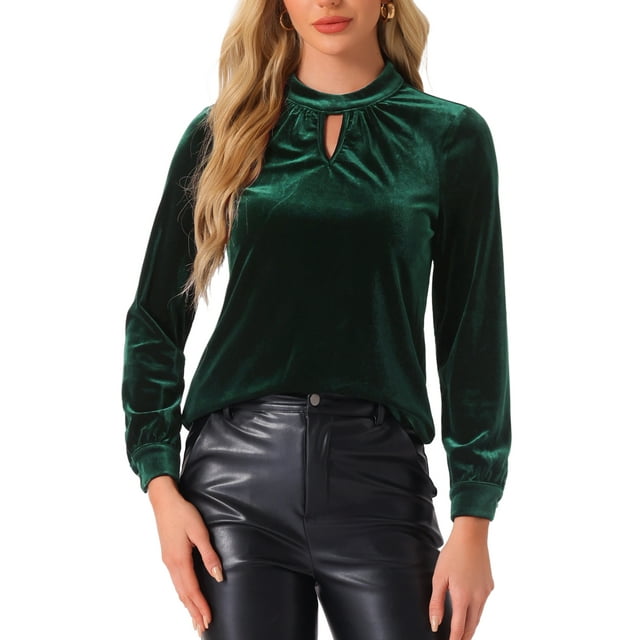 Blusa elegante casual de terciopelo para mujer con cuello alto y mangas largas en verde oscuro, talla S