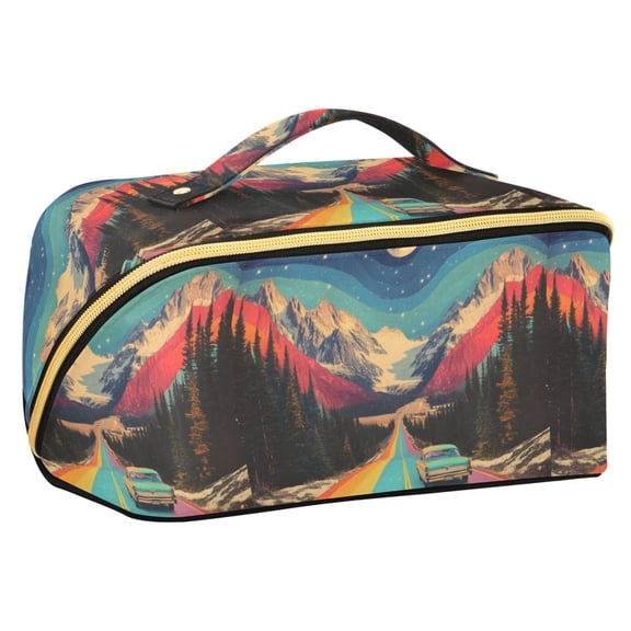 FORMRS Makeup Bag Travel Cosmetic Organizer for Women Fold Flat Zipper Pouch with Handle, Colorful Road