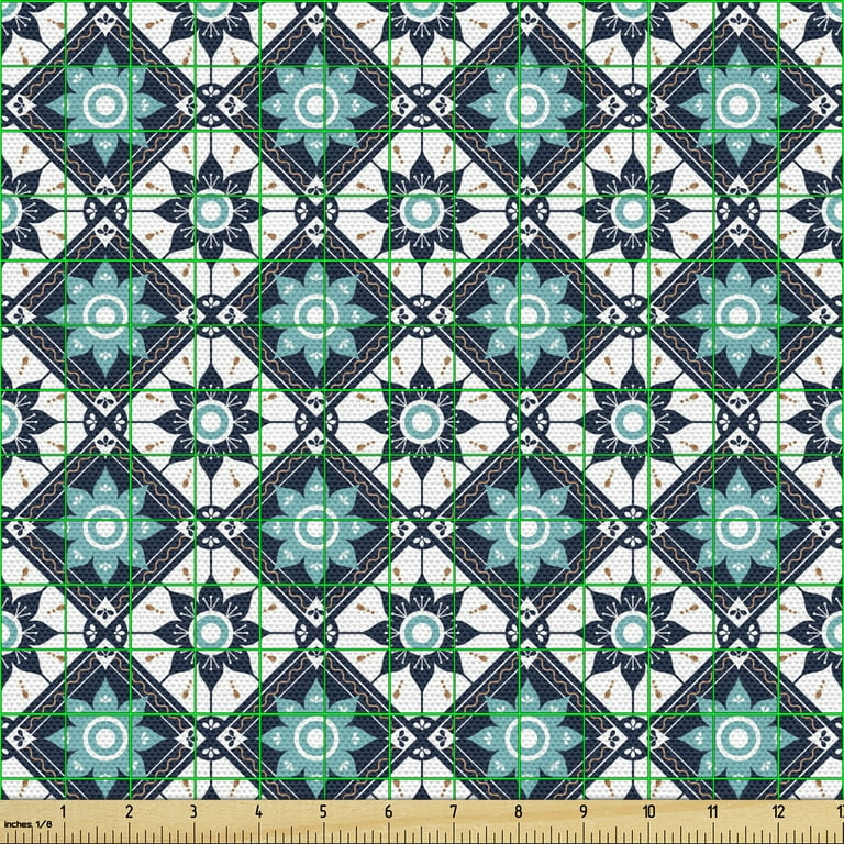 Ambesonne Boho Fabric by The Yard Upholstery, Folkloric Morocco Tile Inspired Squares with Flowers, Decorative Fabric for DIY and Home Accents, Seafoam Dark