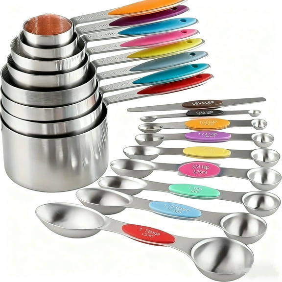 NEWJOEY 17-Piece Magnetic Stainless Steel Measuring Cups and Spoons Set with Silicone Handles, Dishwasher Safe Kitchen Measuring Tools for Cooking, Baking