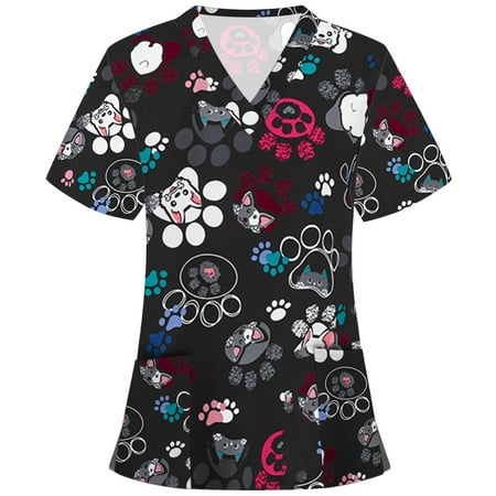 

Ozmmyan Womens Tops Scrubs for Women Short Sleeve V-neck Scrubs Tops Working Uniform Printed with Two Pockets Blouse Nursing Uniform Saving Clearance