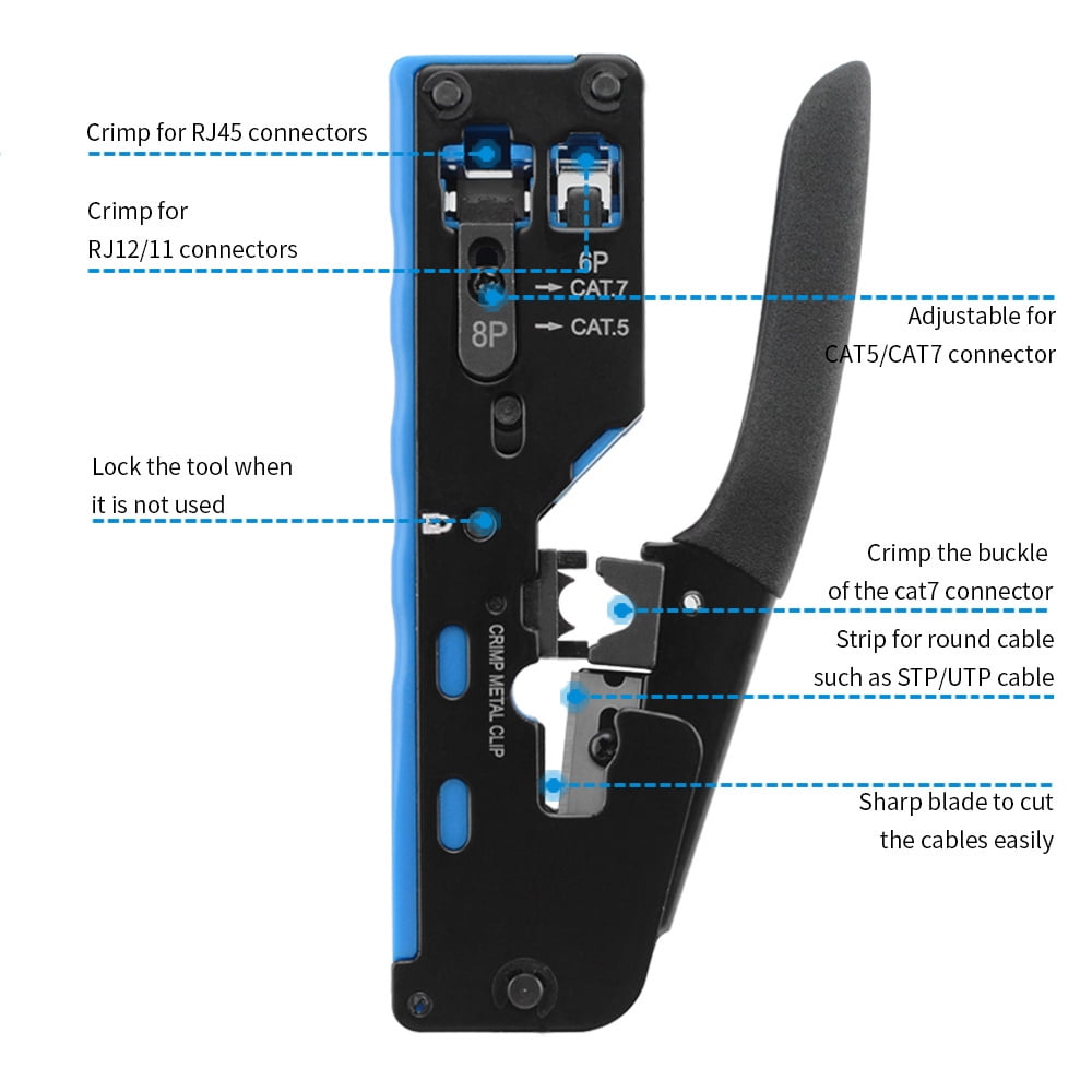Professional RJ45 Crimp Tool with Pass-Through Technology - 8P8C Ethernet Cable Crimper, Stripper, and Cutter for Cat7, Cat6, Cat6a, Cat5e - All-in-One Network Cable Tool with Carbon Steel Body