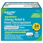 Equate 24 Hour Non-Drowsy Allergy Relief & Nasal Decongestant Loratadine and Pseudoephedrine Extended Release Tablets, 10 mg/240 mg, 10 Count, Compare to Claritin-D® 24 Hour Active Ingredients