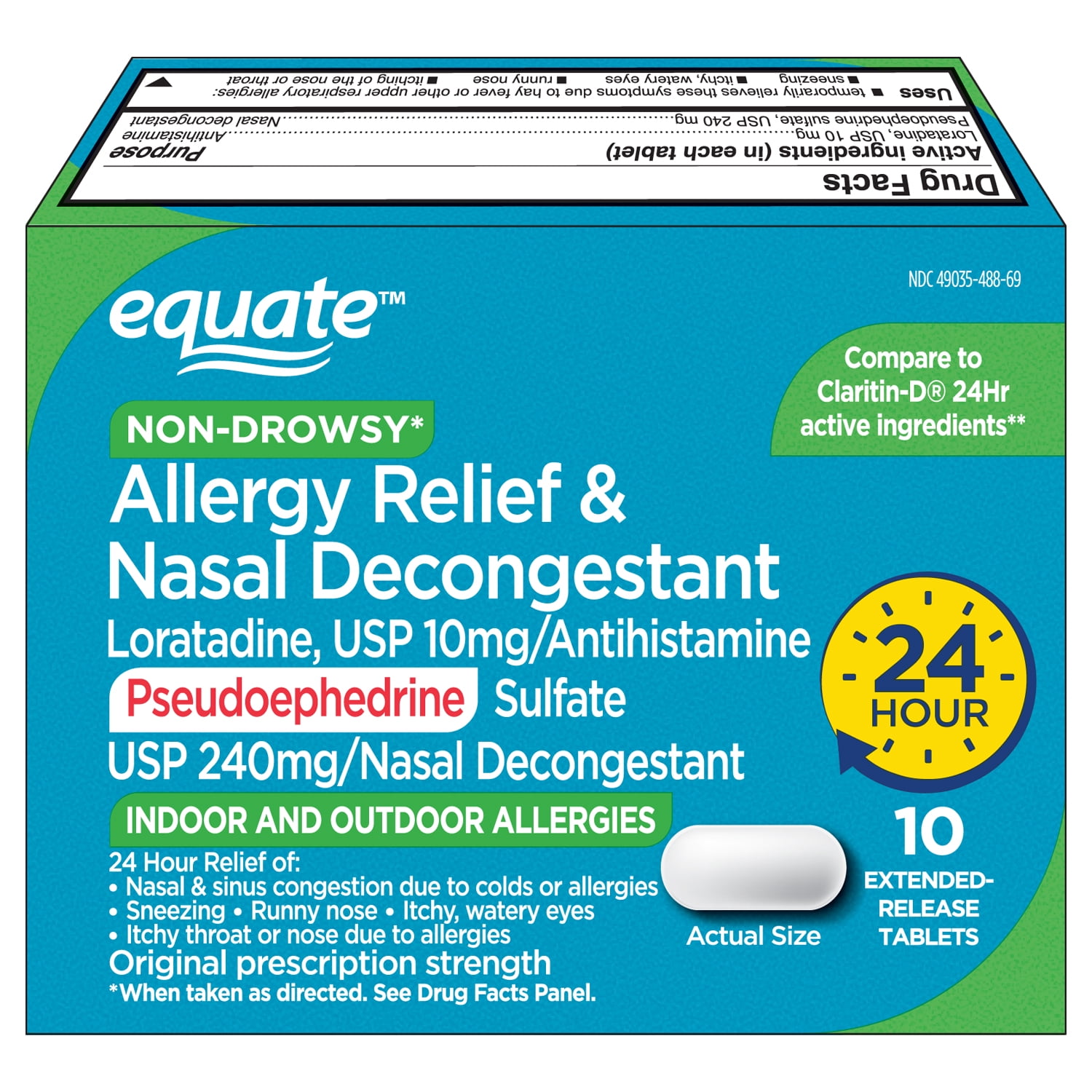 Equate 24 Hour Non-Drowsy Allergy Relief & Nasal Decongestant Loratadine and Pseudoephedrine Extended Release Tablets, 10 mg/240 mg, 10 Count, Compare to Claritin-D® 24 Hour Active Ingredients