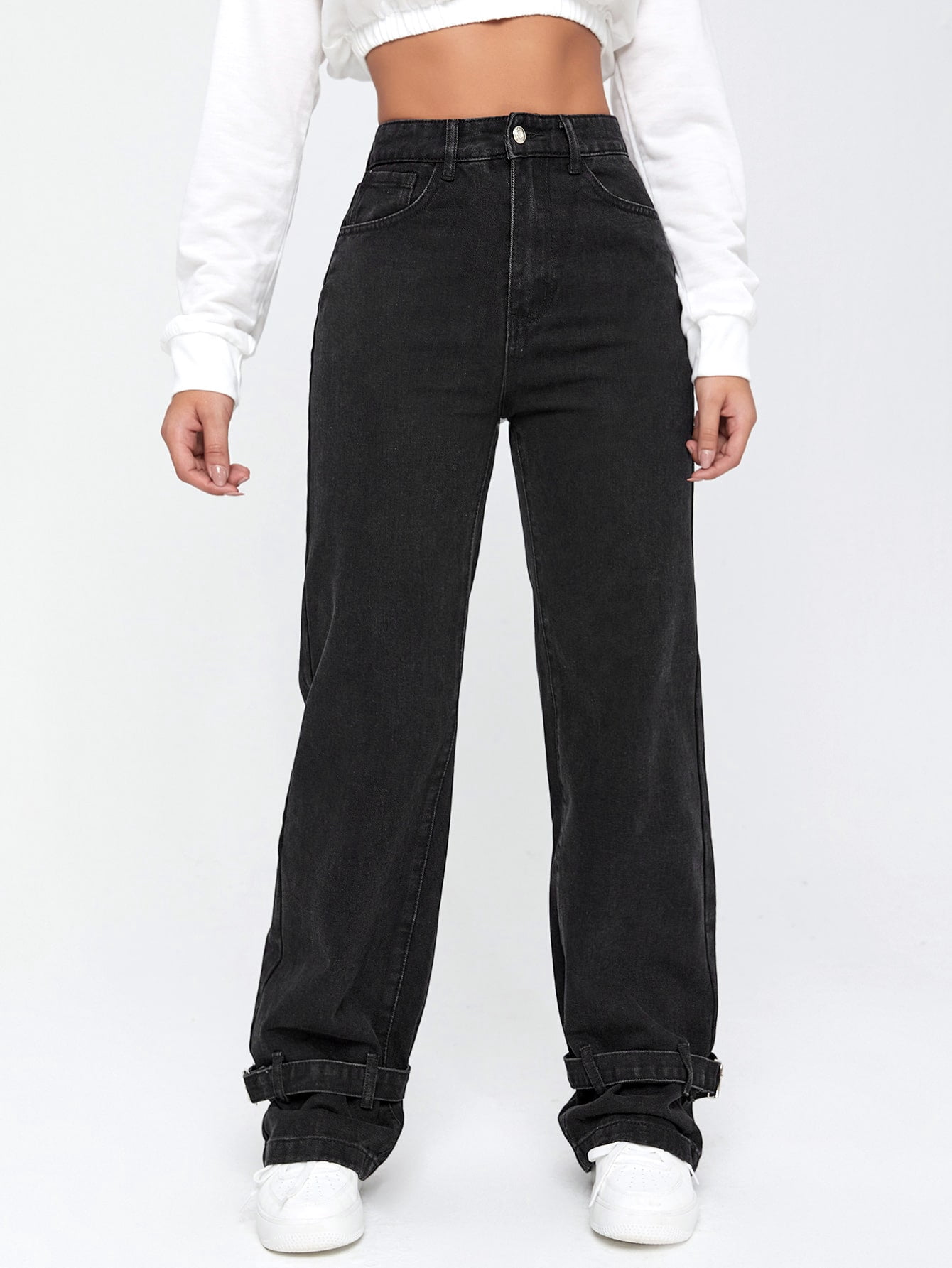 Women's High Waist Slant Pocket Buckle 
