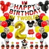 2nd Mickey Birthday Party Supplies Decorations 57Pcs-HAPPY BIRTHDAY Banner OH TWODLES Banner Red/Yellow/Black/Confetti Balloons Number 2 Foil Balloon Mickey Balloons Hat Door Sign Cupcake Toppers Cake