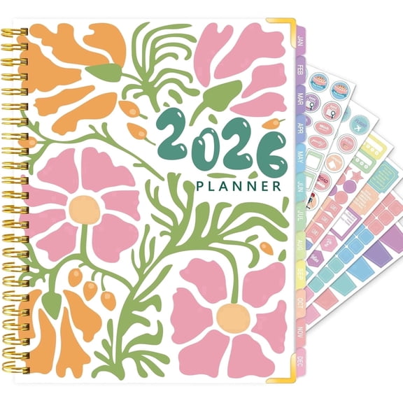 OuMuaMua A5 Planner 2026-2027, Abstract Floral Hardcover Organizer with Pocket, Stickers and Tabs for Women, Students and Office Use