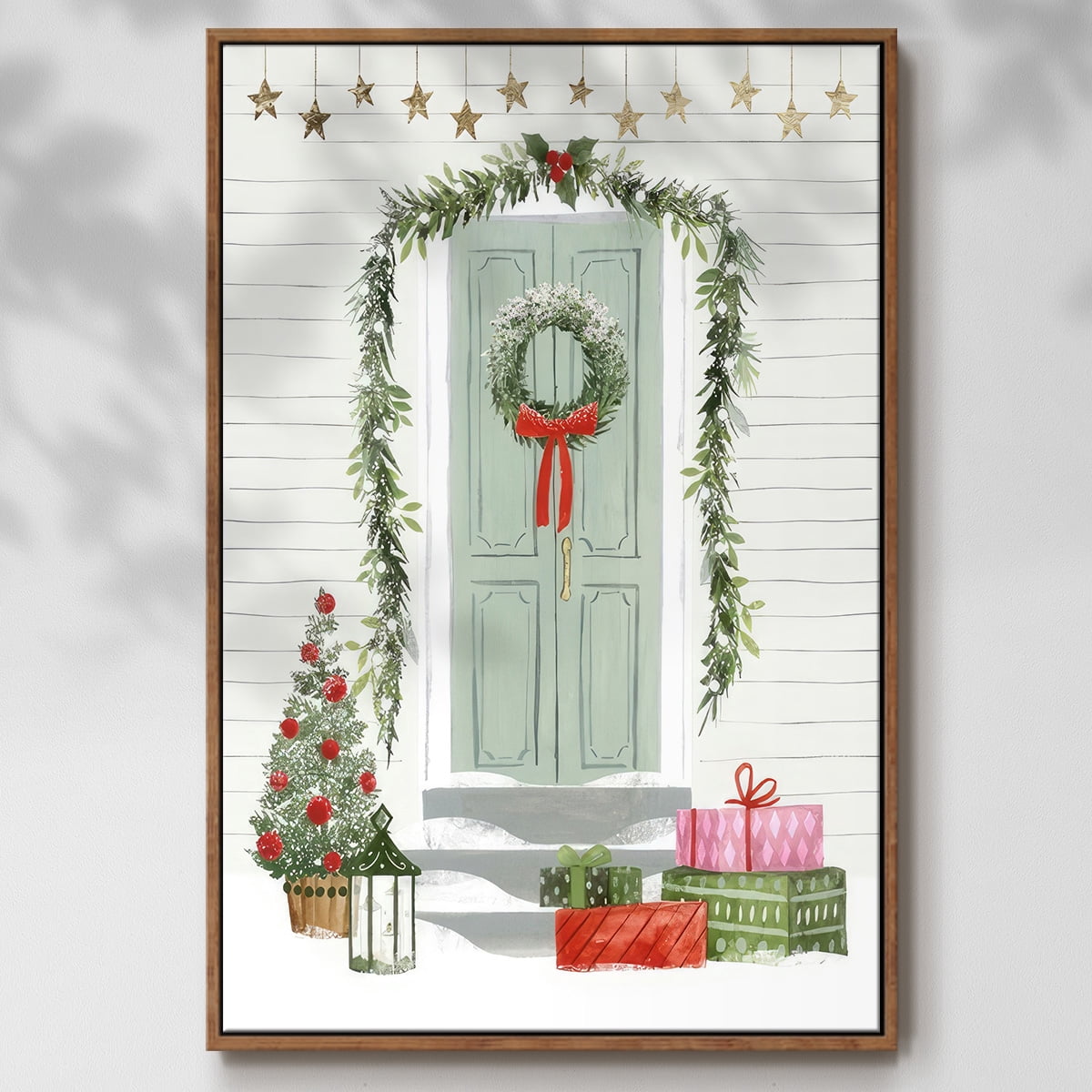 Festive Front Door I - Framed Gallery Wrapped Holiday Canvas - 17 x 25 - Rosewood Frame
