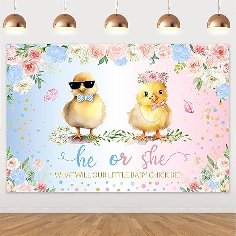 Chicken Themed He or She Gender Reveal Backdrop Foral Chick Gender Reveal Photography Background Pink Blue Flowers Backdrop for Boy Girl Baby Shower Decor Newborn Party Decor Supplies 3 * 5ft