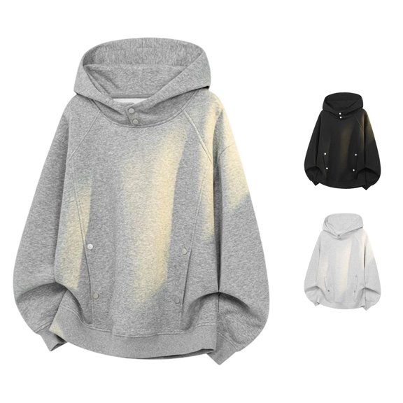 Rhuody Men Fall Hoodies Round Neck Solid Color Long Sleeve Oversized Pullover Sweatshirt M Grey