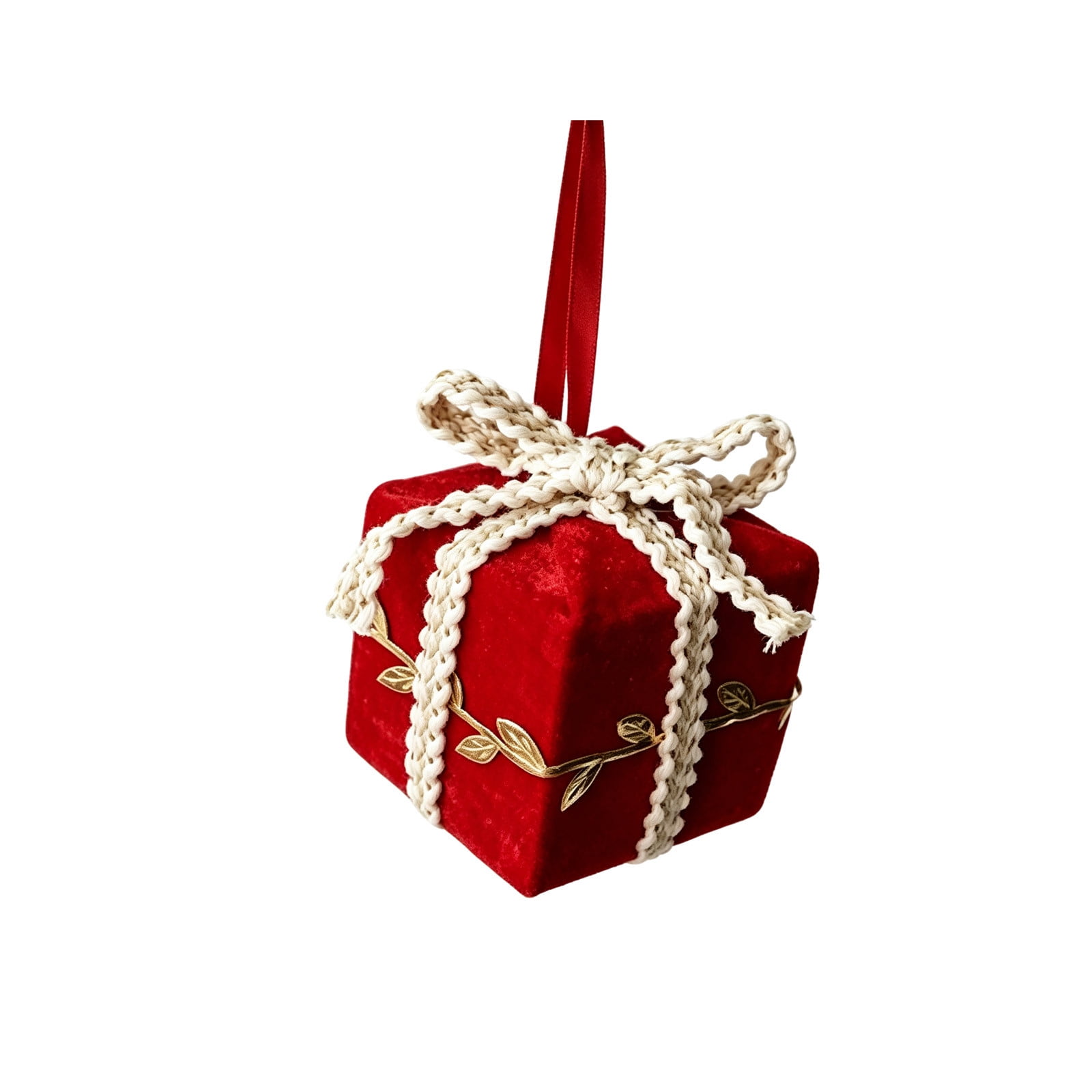 Gift Box Christmas Ornament Hanging Holiday Pendant Christmas Tree Decor with Bow and Leaf Accents Indoor Party and Fireplace Decoration