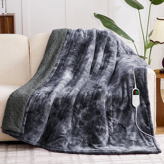 PMONPA Electric Heated Blanket, 51"x61" Heating Blanket for Adult, Soft Flannel & Sherpa, 10 Heating Levels & 1-8 Hours Auto off, Gray