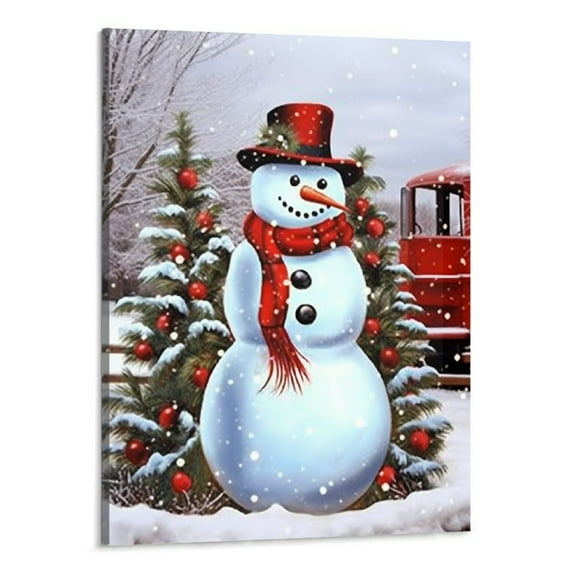 Creowell Christmas canvas Wall Art Prints Snowman on the Vintage Red Truck Painting Christmas Picture Stretched and Framed Ready to Hang for Holiday Decor  -16x20in