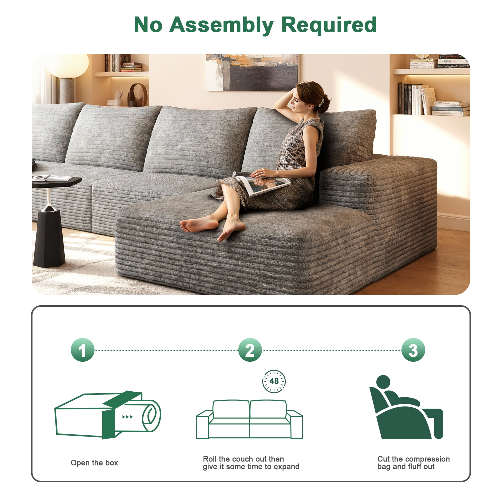 MAYEERTY 135" Cloud Sectional Sofa with 1 Ottoman, Modern Minimalist U-Shaped Deep Seat Couch, No Assembly Plush Corduroy Fabric, Gray (4 packages)