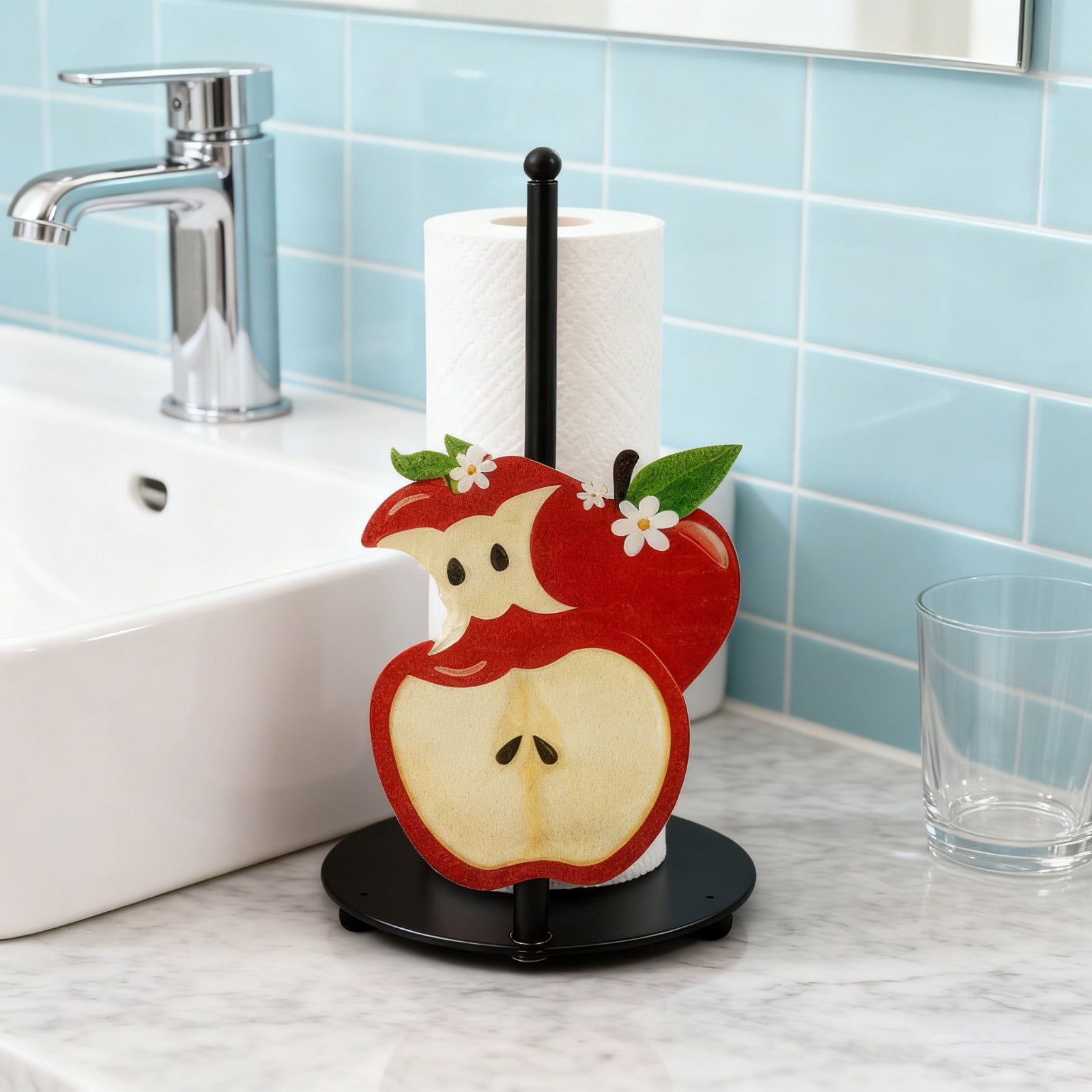 AFACUHX Apple Pattern Metal Paper Towel Holder Cute Countertop Kitchen Decor Farmhouse Large Weighted Tissue Stand for Bathroom Dining (2PC)