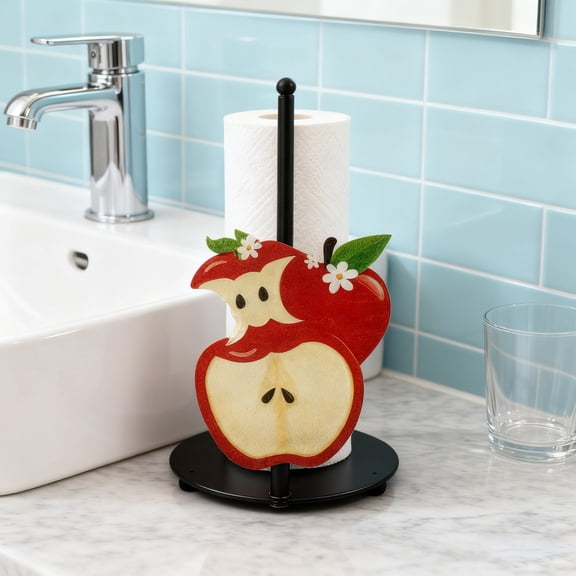 Apple-Themed Metal Paper Towel Holder, Farmhouse Style Countertop Stand with Weighted Base, Decorative Kitchen Towel Rack for Dining and Bathroom Use, 9.6 Inch