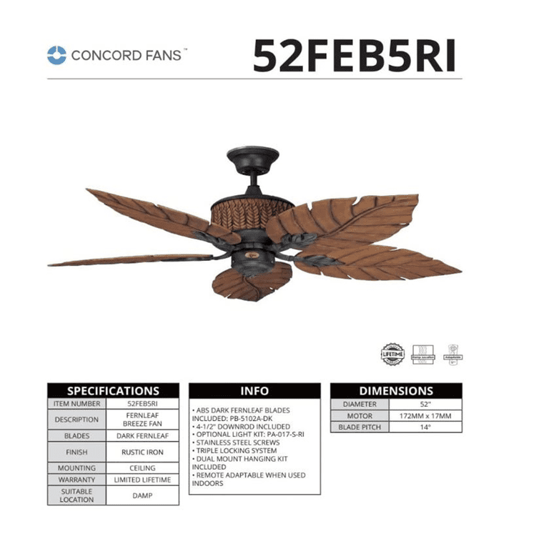 CONCORD Fernleaf Breeze 52-Inch Rustic Iron Ceiling Fan – 5-Blade Indoor/Outdoor Damp Rated, Pull Chain