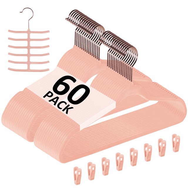 VECELO Perchas de terciopelo premium para ropa, resistentes (paquete de 60), antideslizantes y ahorran espacio con 8 clips para dedos y soporte para corbatas, excelente para hombres y mujeres, color r