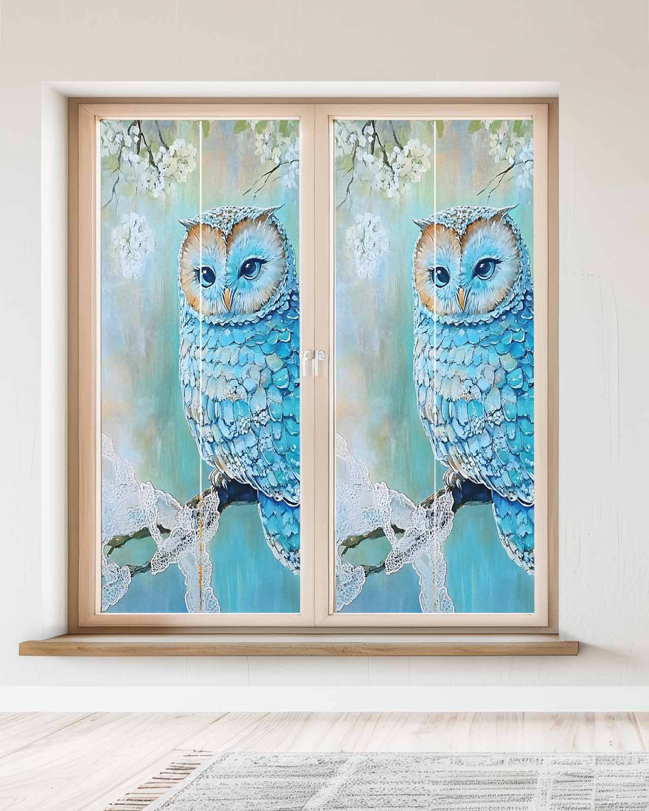 Window Privacy Film Blue Owl Stained Glass Window Film Decorative Sun Block Window Cover Watercolor Flower Bird on Branch Window Clings Static Adhesive Sticker for Bathroom 23.6"x59"