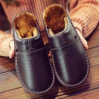 

CoCopeanut Men Home Slippers for Winter Warm Plush Slippers women Bedroom Genuine Leather Unisex man House Indoor Shoes Large size 11