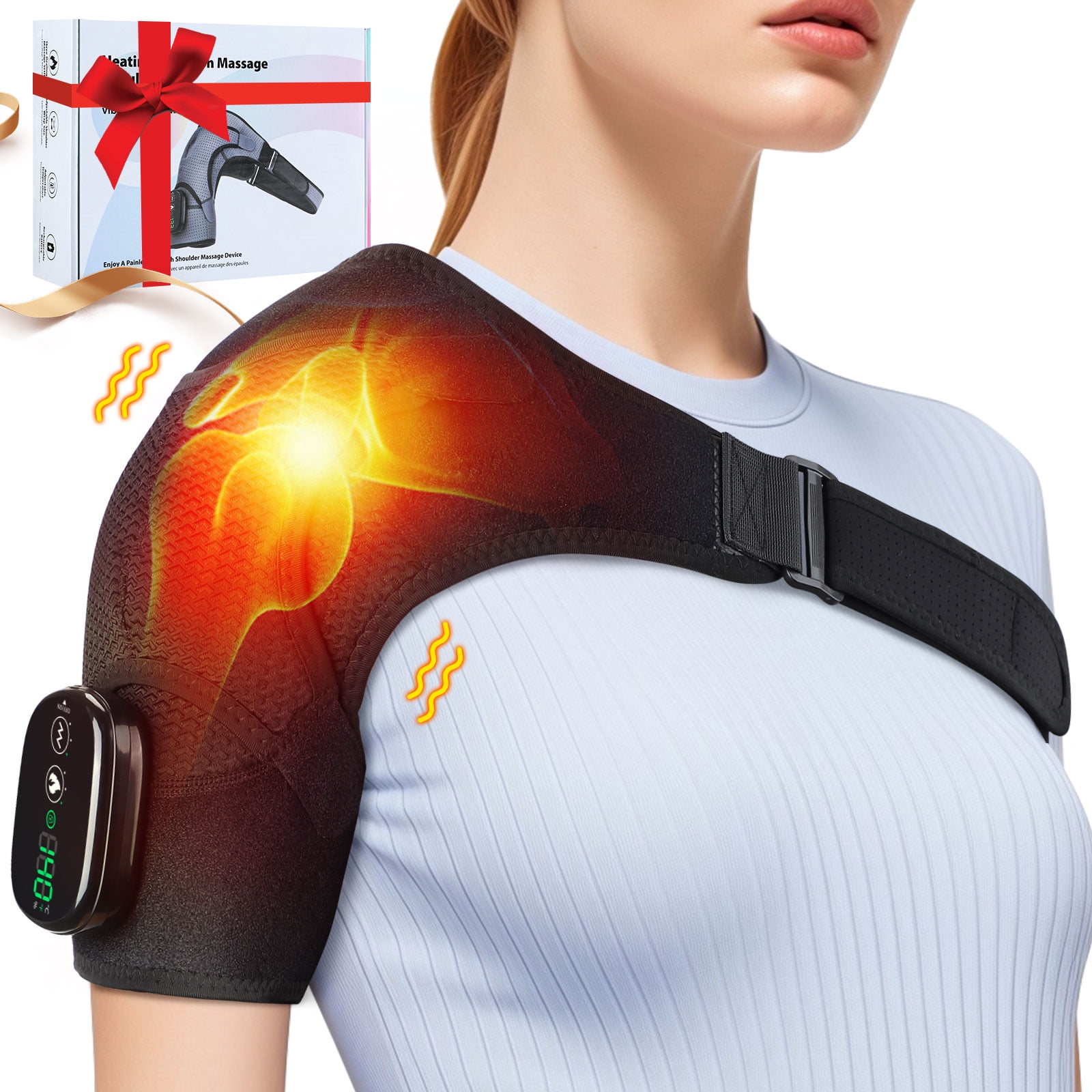 Cordless Shoulder Heating Pad, Heated Shoulder Brace with 3 Heating and Vibration, Heated Shoulder Wrap with Massage, Rechargeable Shoulder Massager for Men Women Shoulder Relax