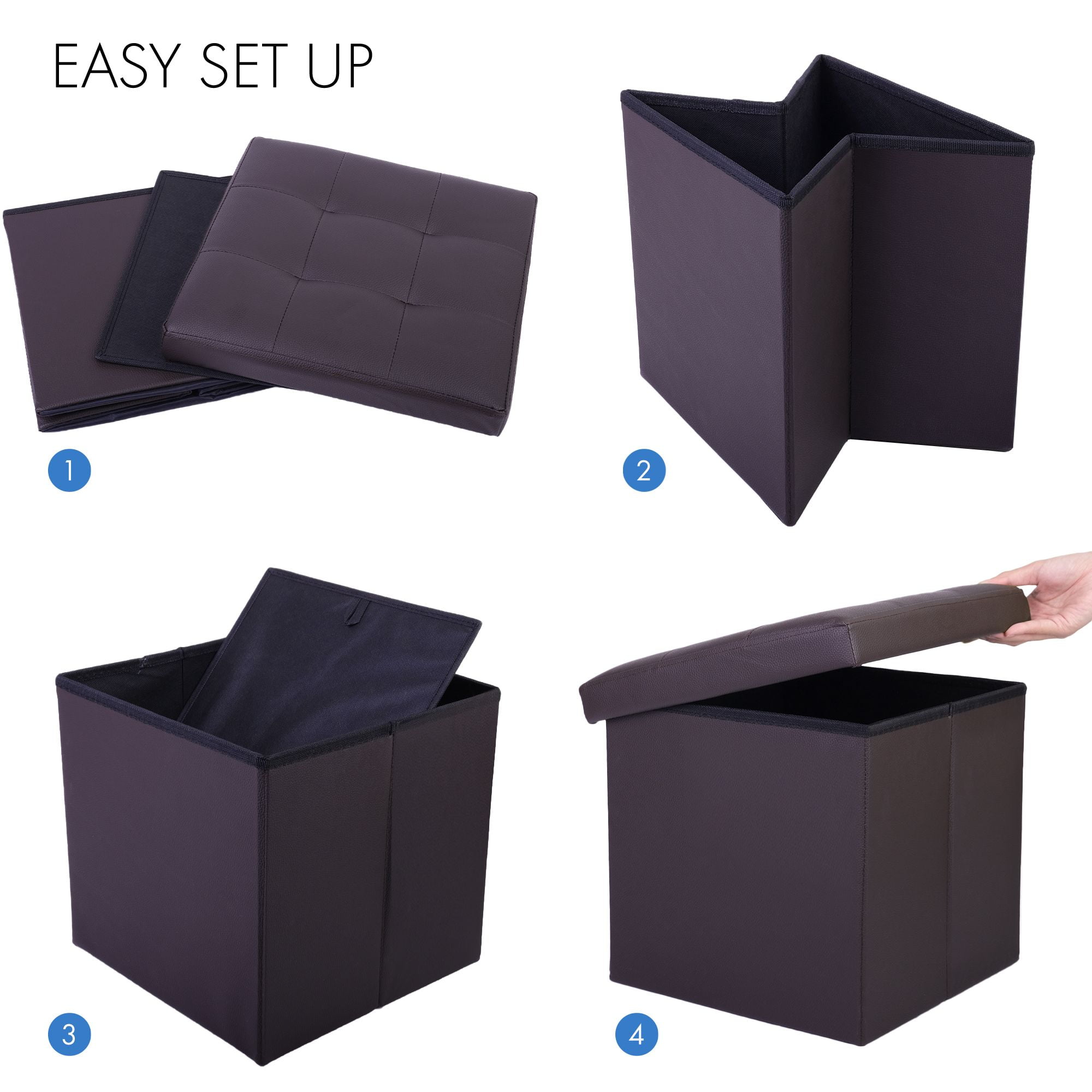 LotFancy 2 Pack 13" Faux Leather Storage Ottoman Cube, Square Foot Stool Ottoman with Storage, Brown