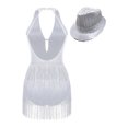 thumbnail image 2 of Linjinx Justaucorps de Danse pour Femmes avec Franges et Chapeau à Sequins Blanc L, 2 of 7