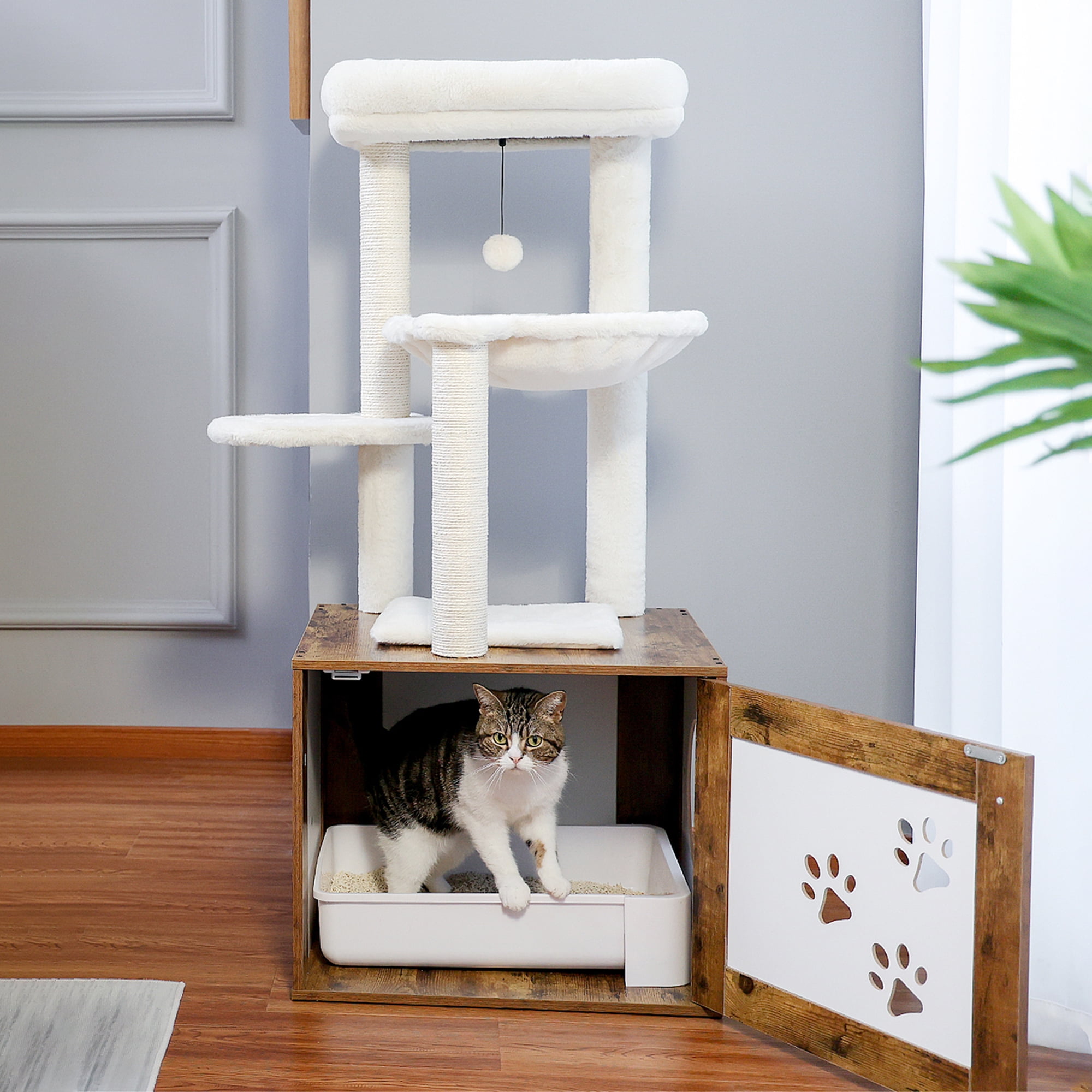 Pefilos 46" Cat Tree Tower with Litter Box Enclosure, Wood Cat Condo with Hammock, Cat Scratching Posts, Removable Top Perch, Brown Pefilos 46" Cat Tree Tower with Litter Box Enclosure, Wood Cat Condo with Hammock, Cat Scratching Posts, Removable Top Perch, Brown