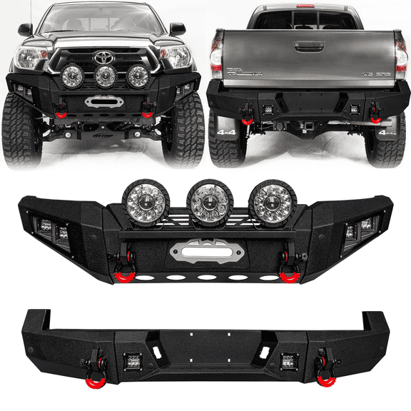 TIOYAR For 2005-2015 Toyota Tacoma Steel New Front and Rear Bumper With Winch Plate&Lights (Black Texture)