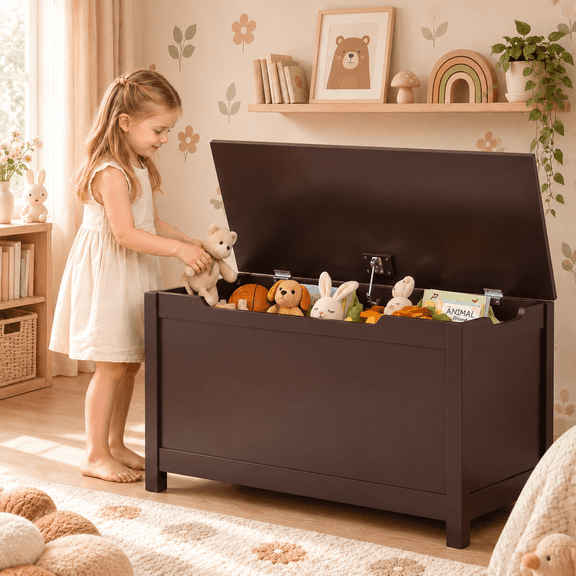Kids Toy Box for Boys Girls, SESSLIFE Wooden Toy Box with Safety-Hinged Lid, Toy Organizer and Bench for Playroom, Bedroom, or Toddler Room, Supports up to 160 lbs, Espresso