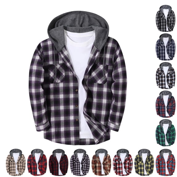 GrmtClth Flannel Drawstring Hood Plaid Shirt Jacket for Men Long Sleeve Button‑Up Casual Outer Coat Chest Pocket Autumn Street Wear