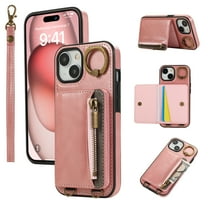 Wallet Case for iPhone 15, with Wrist Strap 360 Rotating Finger Ring Flip Zipper PU Leather Stand Card Slots Shockproof Drop Protective Phone Cover Girls Women Magnetic Buckle, Pink