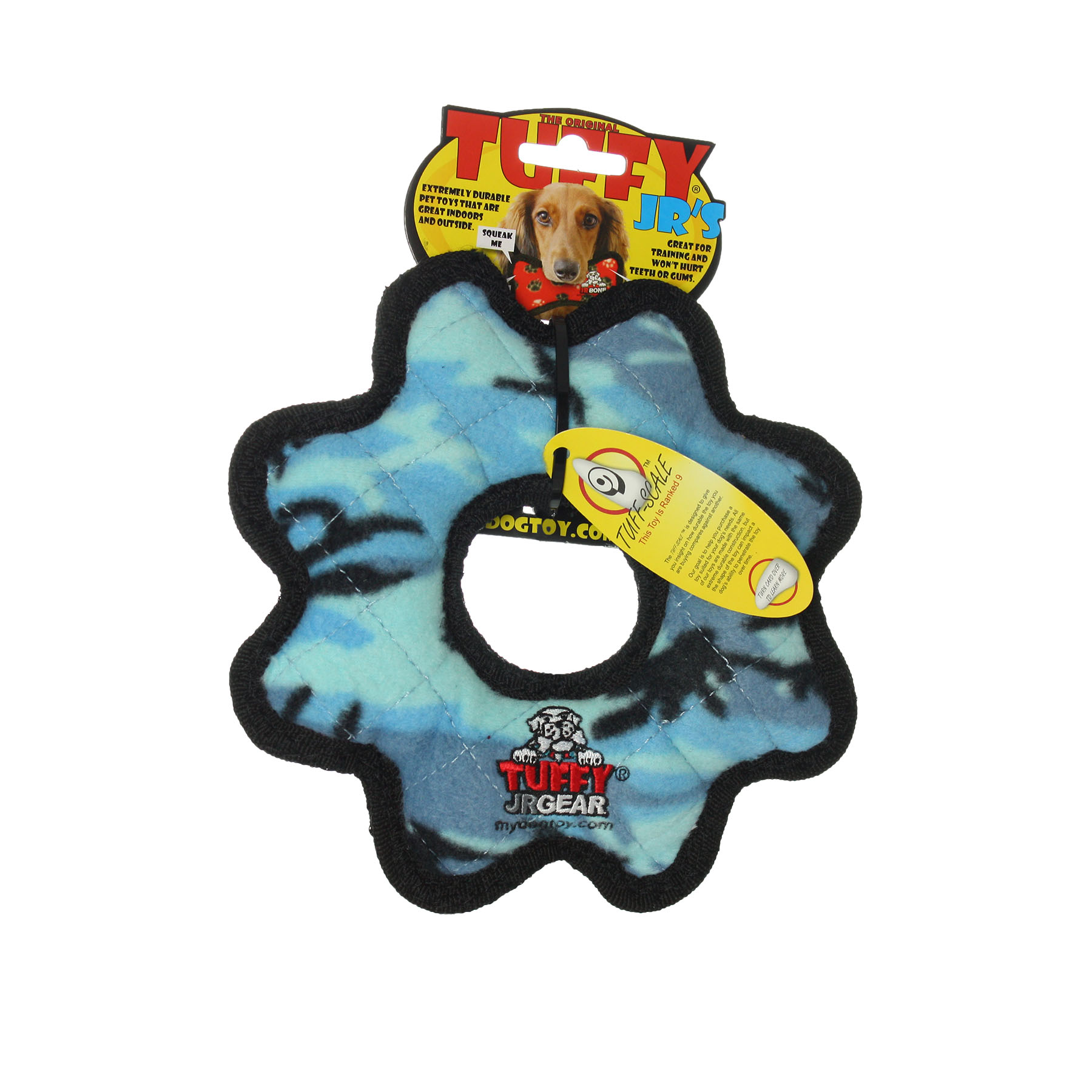 Tuffy Jr Gear Ring Camo Blue, 2-Pack, Durable Plush Squeaky Dog Toys