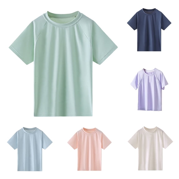 RTKFRFLM Kids Solid Color Summer Beach Top Boys Girls Short Sleeve Sun Protection Rash Guard Waterproof Athletic Swim Shirt for Vacation Quick-Dry Water Sports for Children