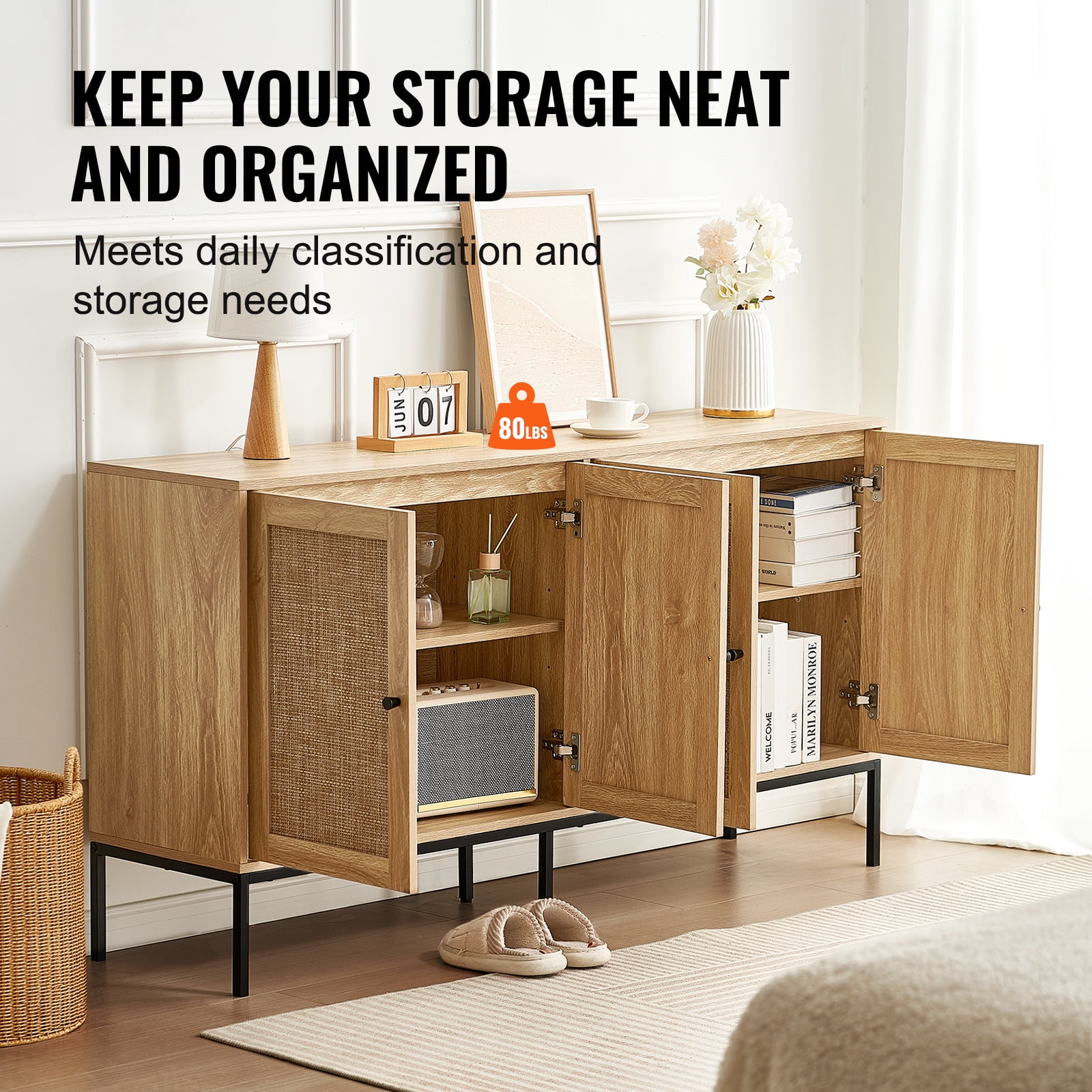 KFFKFF Wicker Cabinet, Wicker Storage Unit with 4 Magnetized Doors and Customizable Shelving, Multipurpose Cabinet for Corridor, Foyer, Lounge, or Kitchen, Organic