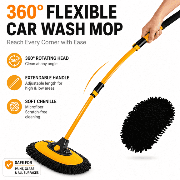 15° Angled Car Wash Brush with 40.16" Extension Pole – Microfiber Mop for RV, Truck, SUV, Boat & Wheels – 2-in-1 Detailing Duster for Interior & Exterior – Gentle on Paint – Yellow