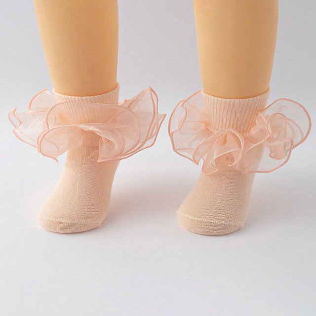 JUNWELL 1pair Children‘s Solid Color Glitter Lace Short Socks For Mid-small Kids