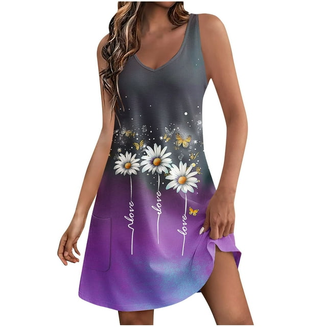 Vestidos de Verano con Cuello en V para Mujeres 2025 Casual con Bolsillos Boho Beach Camisetas Vestido Tanque Suelto