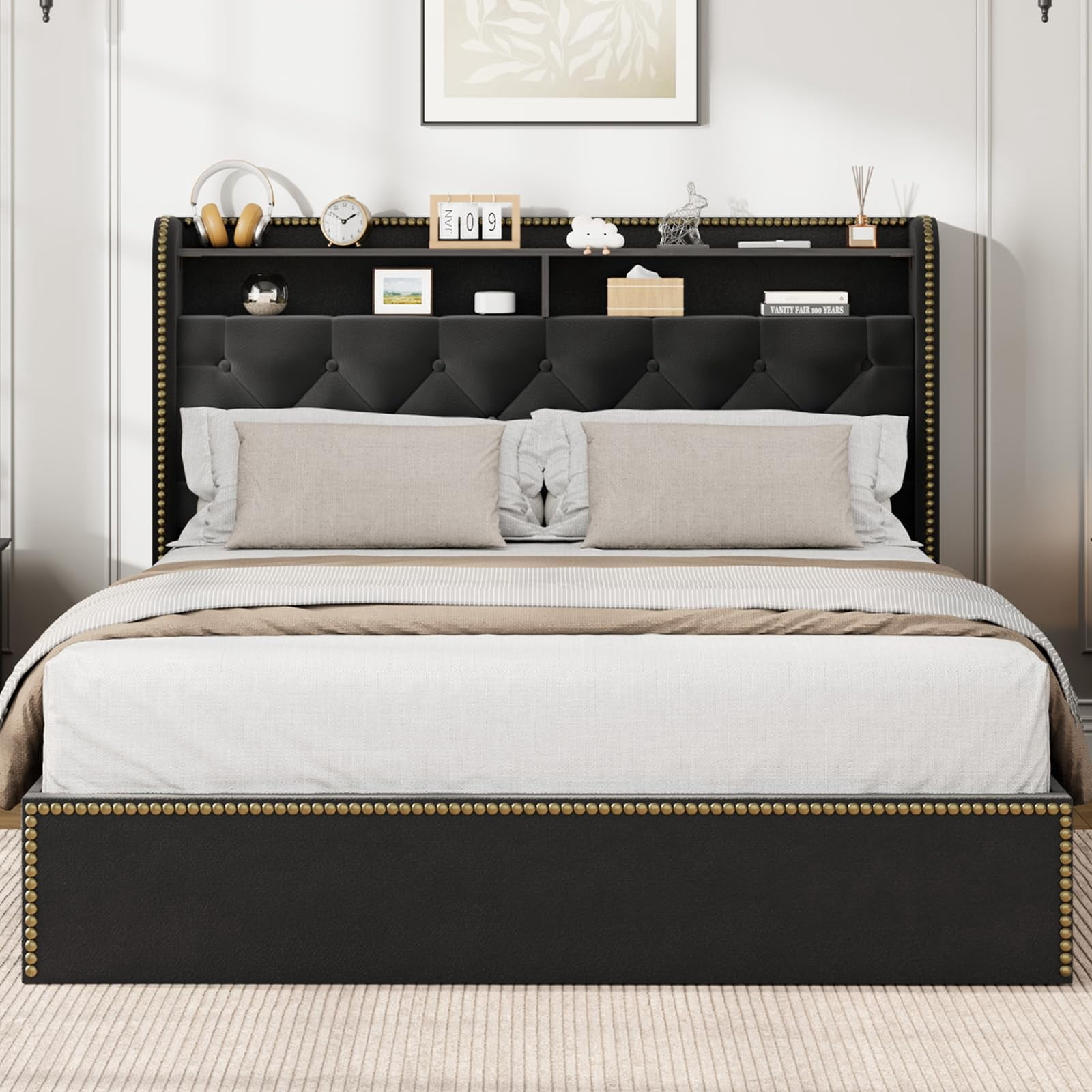 Towallmark Queen Size Bed Frame with Upholstered Headboard 2-Tier Shelf, Black Velvet Tufted Platform Bedframe with 4 Storage Drawers, Wooden Slats Support, No Box Spring Needed