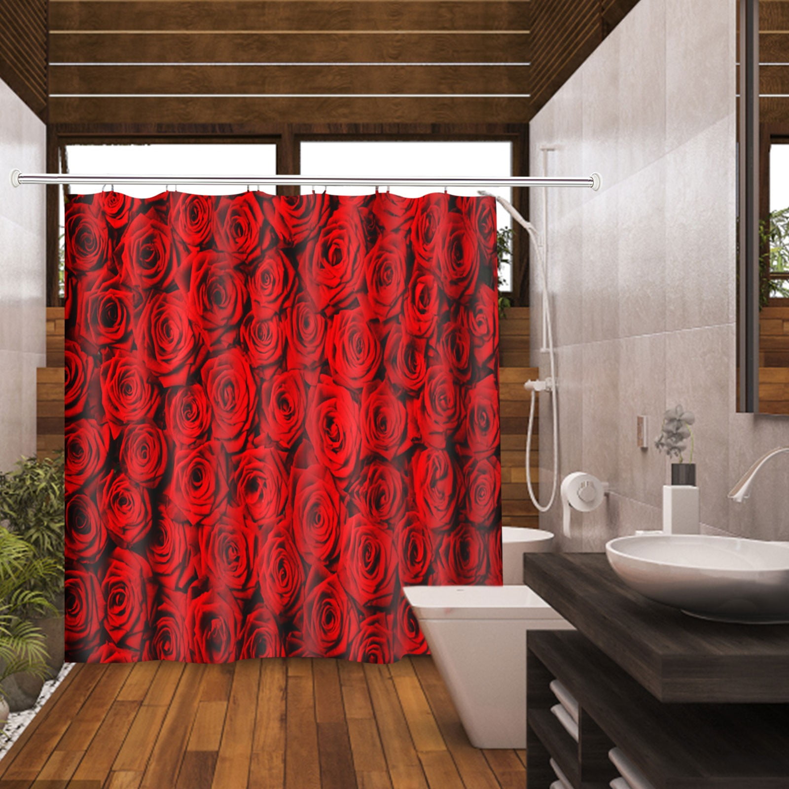 Bathroom Fabric Shower Curtain Set Sparkling Valentine's Day Champagne and Roses 
