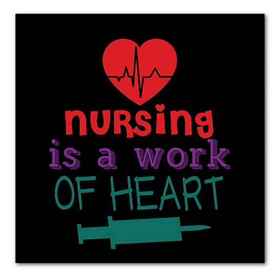 DistinctInk Custom Bumper Sticker - 6" x 6" Decorative Decal - Black Background - Nursing is a Work of Heart