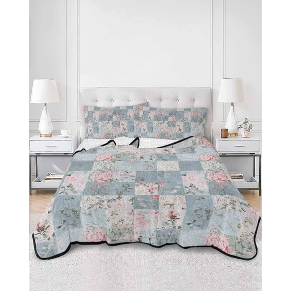 Quilts Twin Size, Blue Pink Botanical Soft Comforter Bedding Set for Bed, Spring Floral Vintage Lightweight Quilted Bedspread with Pillow Cover(2 Pieces) for All Season, 68x86 Inch