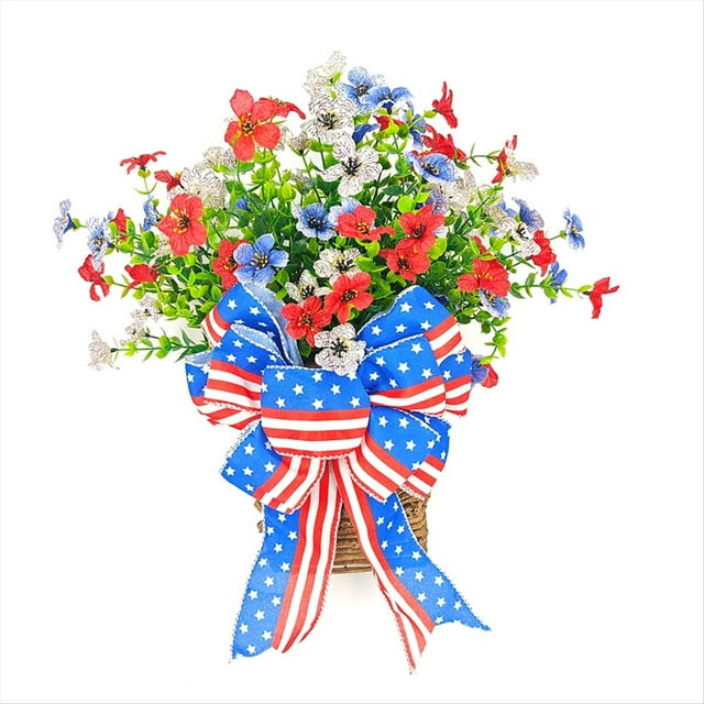Cesta de Flores del Día Patriótico, Decoración para Puerta de Entrada, Día de la Independencia, 4 de Julio, para Interior, Exterior, Rojo, , Azul