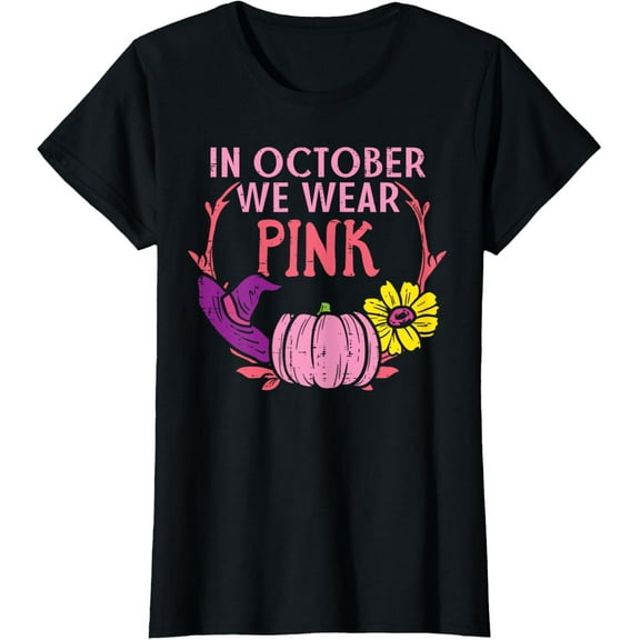 October We Wear Pink Pumpkin Fall Breast Cancer Halloween T-Shirt