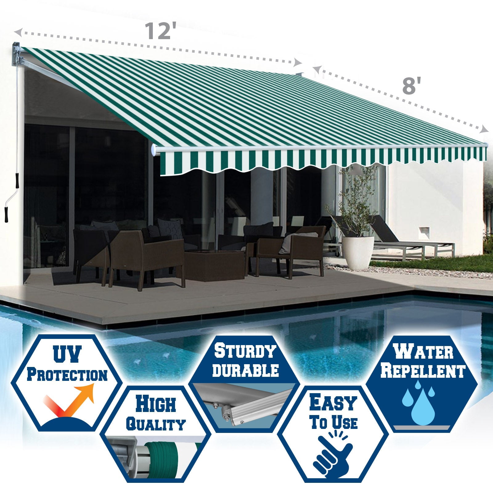 SUNRISEUMBRELLA Outdoor Patio Awning Retractable Awning Sun Shade Manual Patio Deck Awning (12'x8',Green with white)