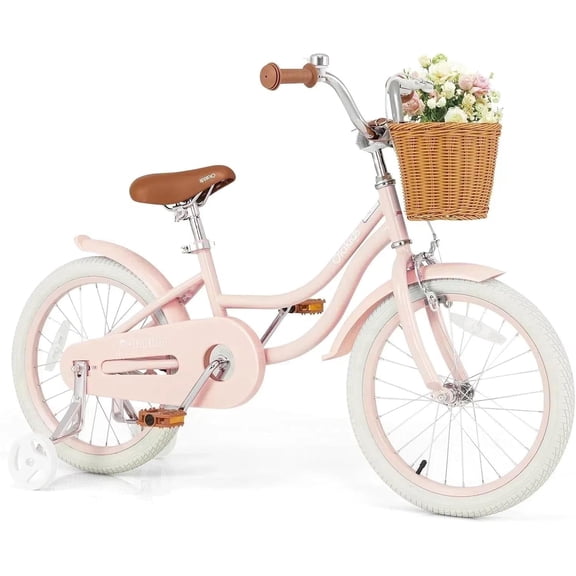 OLAKIDS Kids Bike, 14 16 18 Inch Toddlers Bike with Removable Training Wheels and Rattan Basket, Safety Bell, Adjustable Seat and Handlebar, Children's Bicycle for Girls Boys Age 3-8