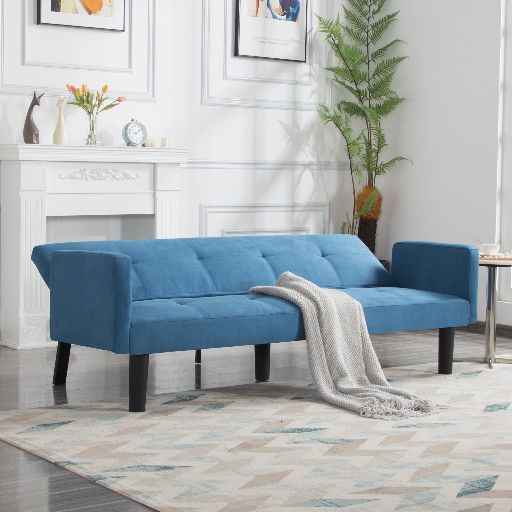Gewnee 73.6" Modern Faux Suede Futon Sofa Bed, Convertible Couch with 3-Position Backrest, Twin Sleeper for Living Room/Apartment/Dorm, Blue