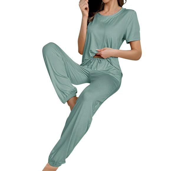 Women's Short Sleeve Round Neck Pajama Set with Lounge Pants for Home and Sleep