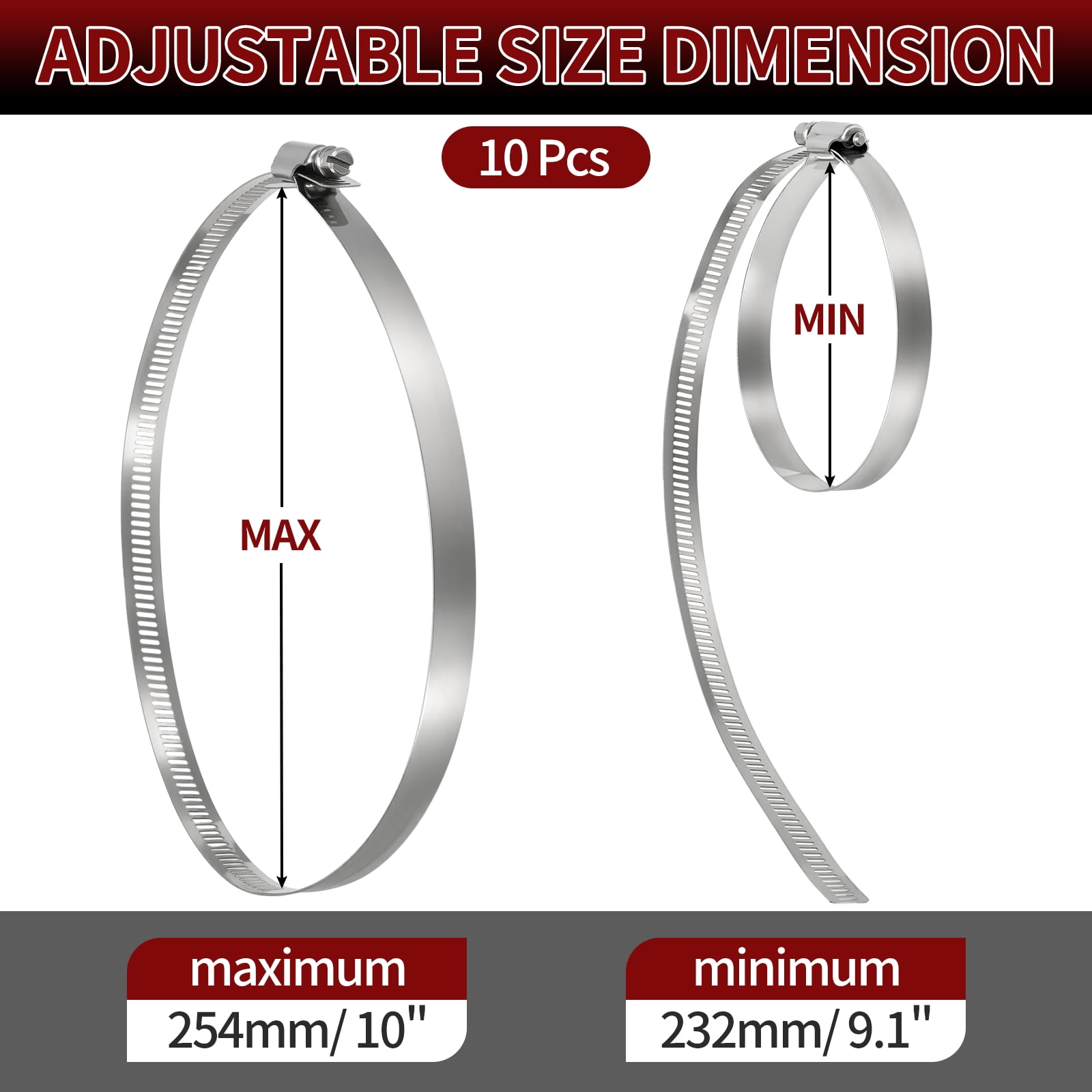 Uxcell 10 Pack Stainless Steel Hose Clamp, Adjustable Range 9.1"- 10"(232-254mm) Worm Gear Hose Clamp Assortment Kit, Metal Fuel Line Clamping for Plumb, Automotive, Mechanical, Silver